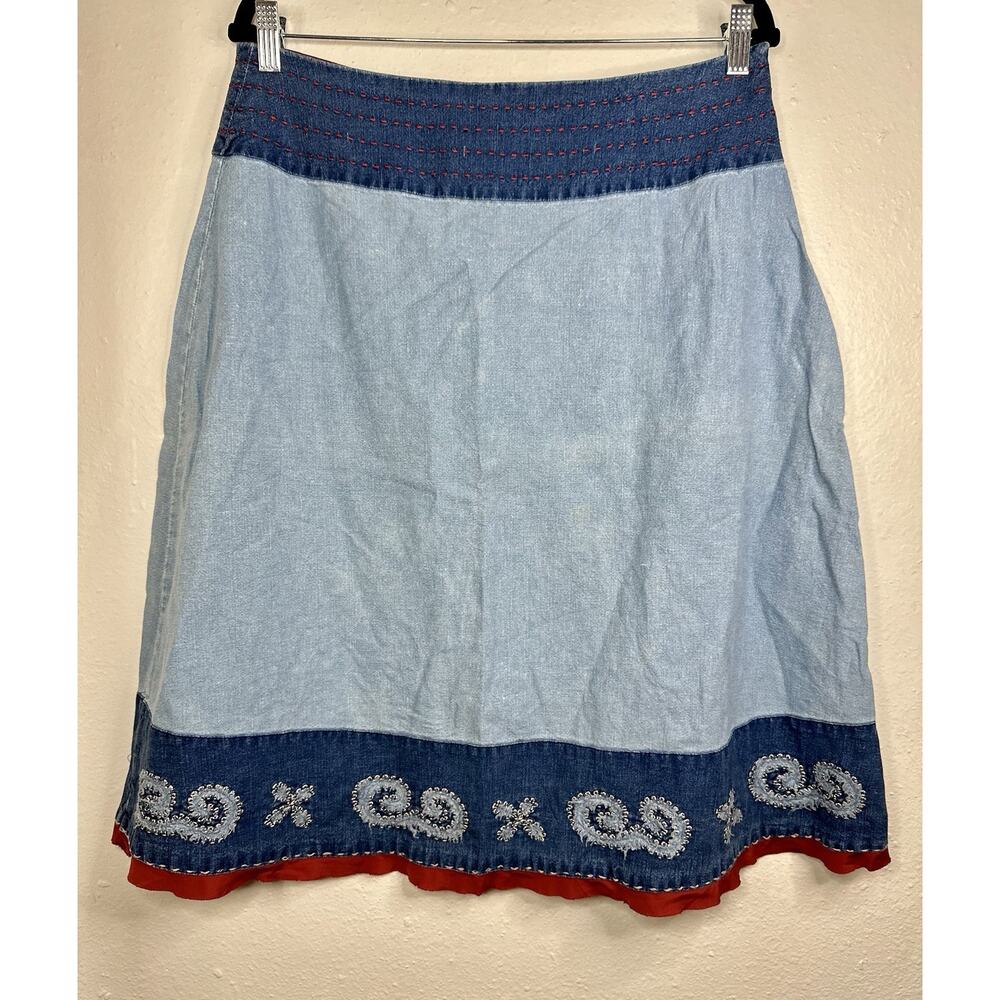 Vtg Y2K Requirements Denim Linen Embroidered Boho Midi Skirt Size 12